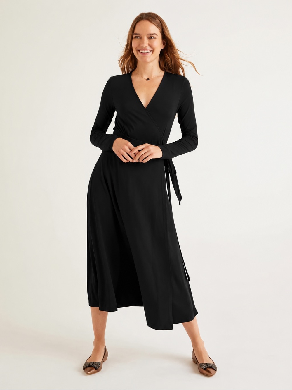 Boden NWT Black Jersey Wrap Midi Dress Long Sleeve UK 10P US 6P